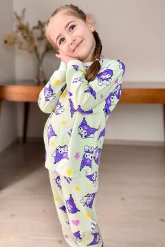 Kız Çocuk Kuromi Karakter Baskılı Açık Yeşil Pijama Takımı