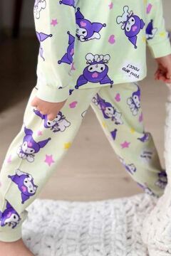 Kız Çocuk Kuromi Karakter Baskılı Açık Yeşil Pijama Takımı