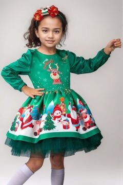 Kız Çocuk Merry Christmas ve Geyik Baskılı Yeni Yıl Yeşil Elbise
