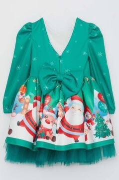 Kız Çocuk Merry Christmas ve Geyik Baskılı Yeni Yıl Yeşil Elbise