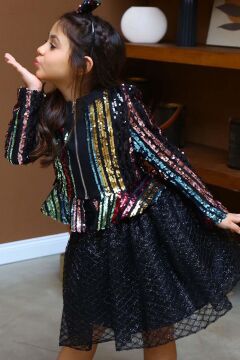 Kız Çocuk Pulpayet Detaylı Ceket ve Kabarık Tüllü Siyah Etekli Takım