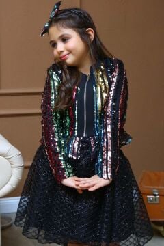 Kız Çocuk Pulpayet Detaylı Ceket ve Kabarık Tüllü Siyah Etekli Takım