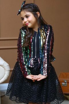 Kız Çocuk Pulpayet Detaylı Ceket ve Kabarık Tüllü Siyah Etekli Takım