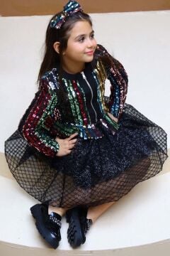 Kız Çocuk Pulpayet Detaylı Ceket ve Kabarık Tüllü Siyah Etekli Takım