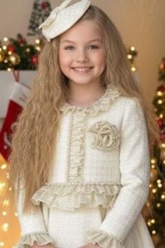 Kız Çocuk Yakası ve Beli Fırfır Detaylı Üzeri Kare Desenli Gold Şanel Elbise