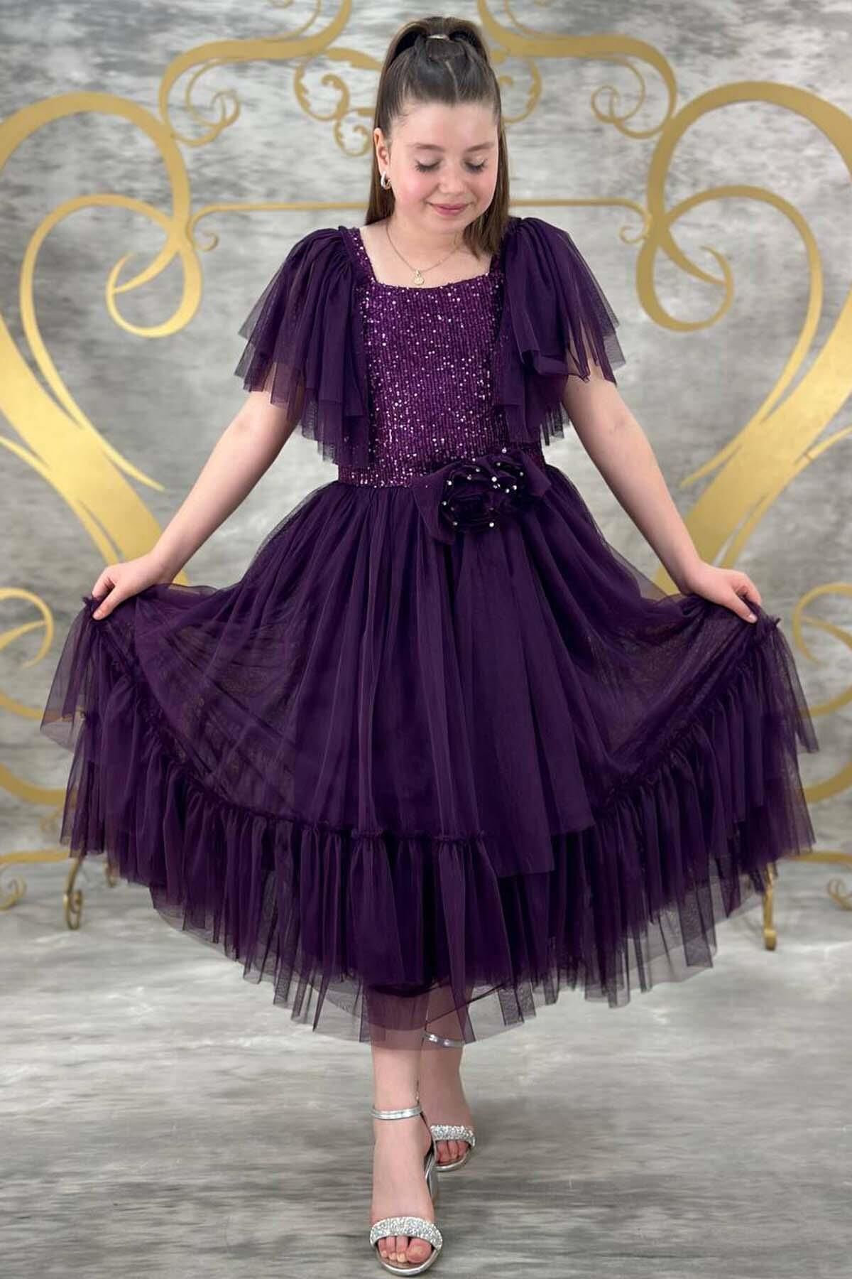 Kız Çocuk Omuzları Tüllü Göğsü Pulpayet İşlemeli Tüllü Menekşe Mor Abiye