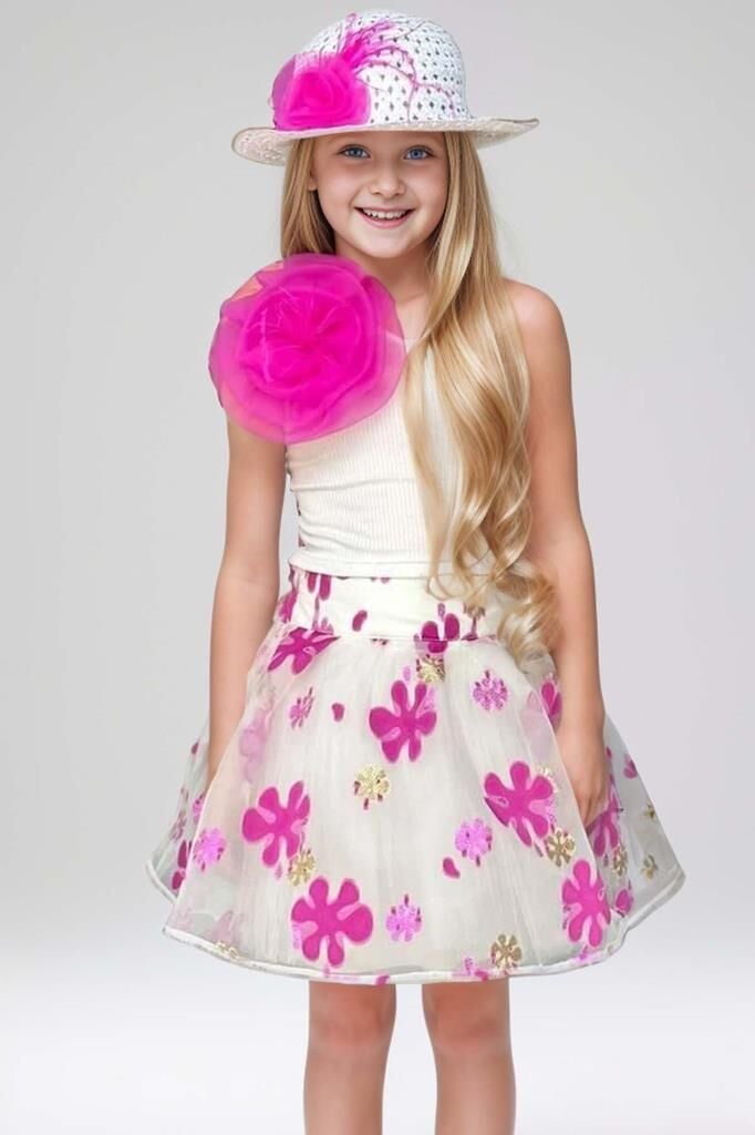 Kız Çocuk Tek Omuzlu Gül Detaylı Bluz ve Jakar Desenli Fuşya Etekli Takım