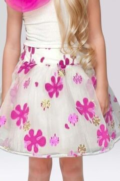 Kız Çocuk Tek Omuzlu Gül Detaylı Bluz ve Jakar Desenli Fuşya Etekli Takım