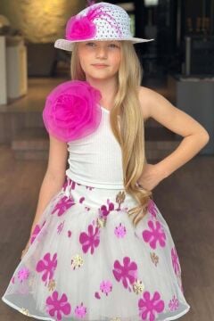 Kız Çocuk Tek Omuzlu Gül Detaylı Bluz ve Jakar Desenli Fuşya Etekli Takım