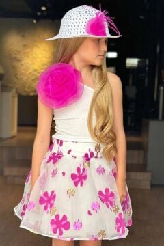 Kız Çocuk Tek Omuzlu Gül Detaylı Bluz ve Jakar Desenli Fuşya Etekli Takım