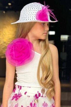 Kız Çocuk Tek Omuzlu Gül Detaylı Bluz ve Jakar Desenli Fuşya Etekli Takım