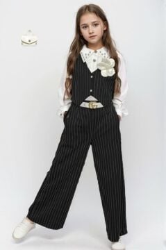 Kız Çocuk Gömlek Yakalı ve Taş Detaylı Gömlek, Çizgi Detaylı Siyah Alt Üst Takım