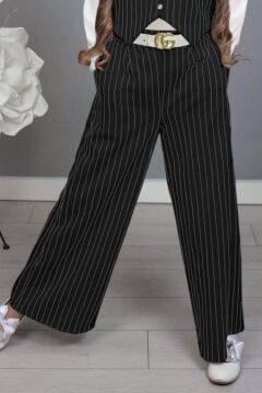 Kız Çocuk Gömlek Yakalı ve Taş Detaylı Gömlek, Çizgi Detaylı Siyah Alt Üst Takım