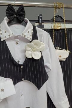 Kız Çocuk Gömlek Yakalı ve Taş Detaylı Gömlek, Çizgi Detaylı Siyah Alt Üst Takım