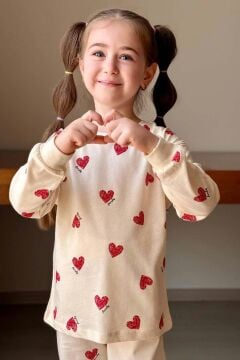 Kız Çocuk Küçük Sevimli Kalp Baskılı Krem Pijama Takımı