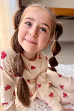 Kız Çocuk Küçük Sevimli Kalp Baskılı Krem Pijama Takımı