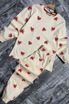 Kız Çocuk Küçük Sevimli Kalp Baskılı Krem Pijama Takımı
