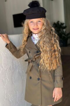 Kız Çocuk Üzeri Dantel İşlemeli Elbise Çift Cep Detaylı Kemerli Yeşil Trençkot