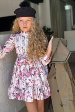 Kız Çocuk Üzeri Dantel İşlemeli Elbise Çift Cep Detaylı Kemerli Yeşil Trençkot