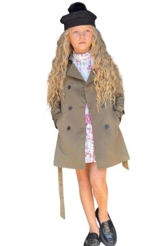 Kız Çocuk Üzeri Dantel İşlemeli Elbise Çift Cep Detaylı Kemerli Yeşil Trençkot