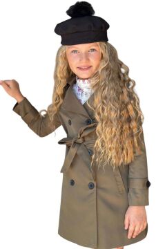 Kız Çocuk Üzeri Dantel İşlemeli Elbise Çift Cep Detaylı Kemerli Yeşil Trençkot