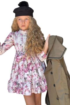 Kız Çocuk Üzeri Dantel İşlemeli Elbise Çift Cep Detaylı Kemerli Yeşil Trençkot