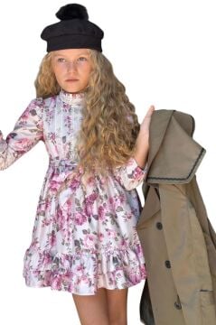 Kız Çocuk Üzeri Dantel İşlemeli Elbise Çift Cep Detaylı Kemerli Yeşil Trençkot