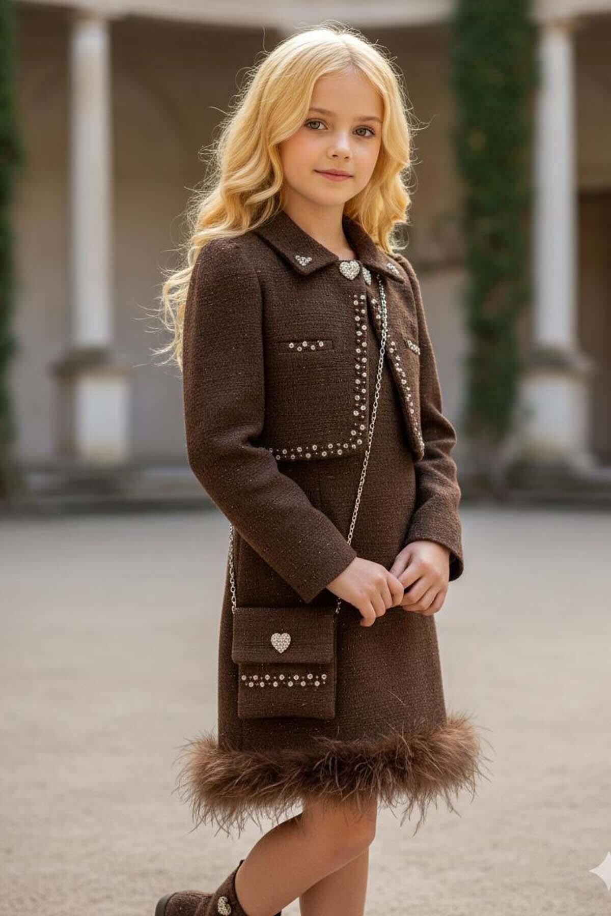 Kız Çocuk Yaka ve Kenarlar Boncuk ve Taş İşleme Ceket Etek Ucu Tüylü Kolsuz Kahverengi Şanel Elbise