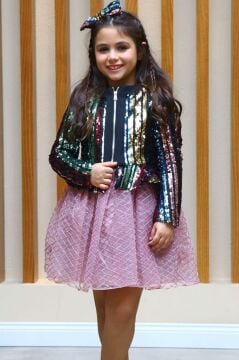 Kız Çocuk Pulpayet Detaylı Ceket ve Kabarık Tüllü Pembe Etekli Takım