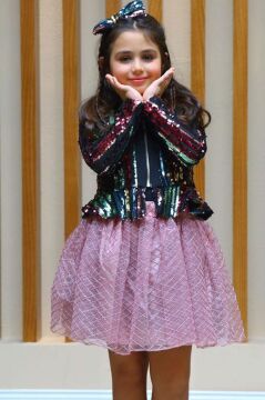 Kız Çocuk Pulpayet Detaylı Ceket ve Kabarık Tüllü Pembe Etekli Takım