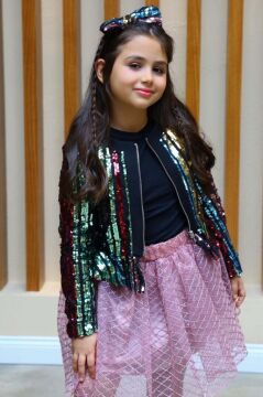 Kız Çocuk Pulpayet Detaylı Ceket ve Kabarık Tüllü Pembe Etekli Takım