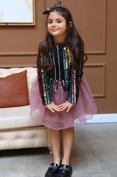 Kız Çocuk Pulpayet Detaylı Ceket ve Kabarık Tüllü Pembe Etekli Takım