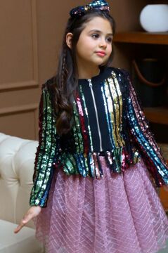 Kız Çocuk Pulpayet Detaylı Ceket ve Kabarık Tüllü Pembe Etekli Takım