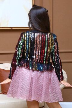 Kız Çocuk Pulpayet Detaylı Ceket ve Kabarık Tüllü Pembe Etekli Takım