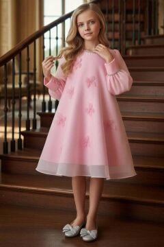 Kız Çocuk Yakası ve Bilekleri İnci İşlemeli Üzeri Boydan 3D Yonca Detaylı İçi Astarlı Pembe Elbise