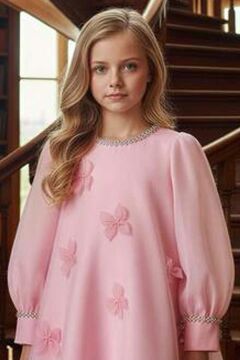 Kız Çocuk Yakası ve Bilekleri İnci İşlemeli Üzeri Boydan 3D Yonca Detaylı İçi Astarlı Pembe Elbise