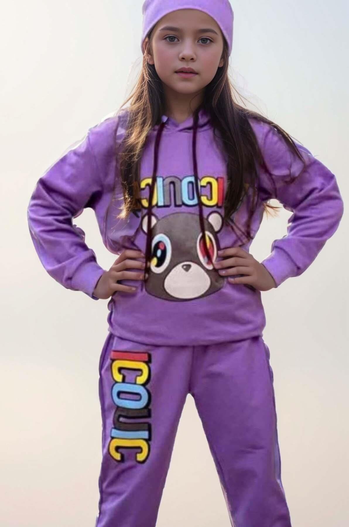 Kız Çocuk Ayıcık ve İconic Yazı Baskılı Kapüşonlu Sweatshirt Mor Eşofman Takım