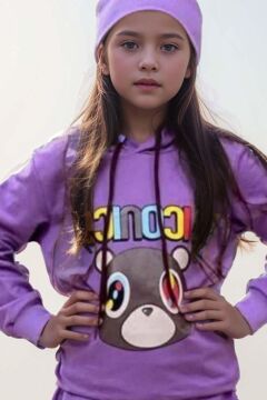 Kız Çocuk Ayıcık ve İconic Yazı Baskılı Kapüşonlu Sweatshirt Mor Eşofman Takım