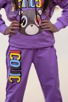Kız Çocuk Ayıcık ve İconic Yazı Baskılı Kapüşonlu Sweatshirt Mor Eşofman Takım