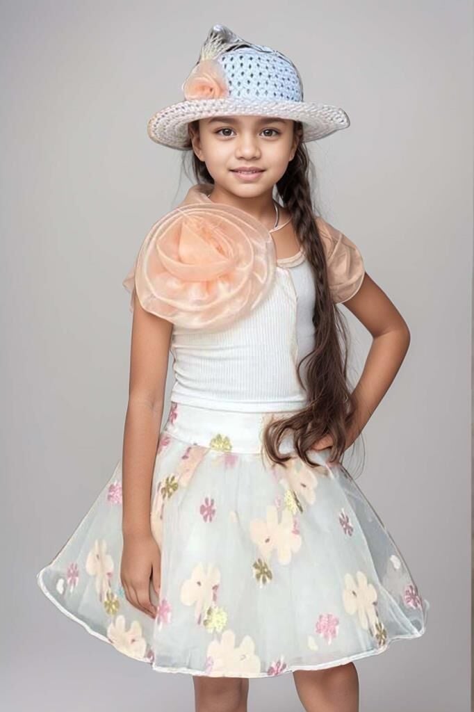 Kız Çocuk Tek Omuzlu Gül Detaylı Bluz ve Jakar Desenli Somon Etekli Takım