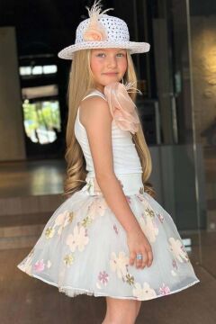 Kız Çocuk Tek Omuzlu Gül Detaylı Bluz ve Jakar Desenli Somon Etekli Takım