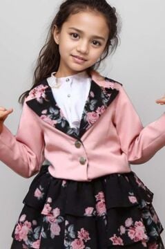 Kız Çocuk Çiçek Desenli KatKat, Atlas Kumaş Etek Pudra Ceket Etekli Takım