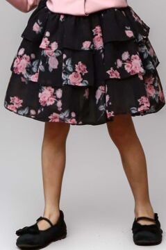 Kız Çocuk Çiçek Desenli KatKat, Atlas Kumaş Etek Pudra Ceket Etekli Takım