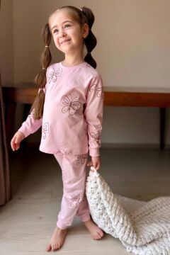 Kız Çocuk Bilekleri Manşetli Kelebek Desenli Pembe Pijama Takımı