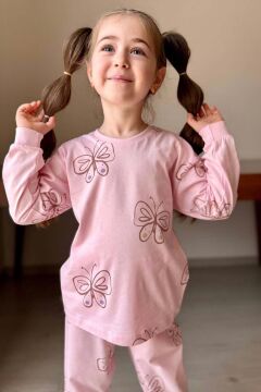 Kız Çocuk Bilekleri Manşetli Kelebek Desenli Pembe Pijama Takımı