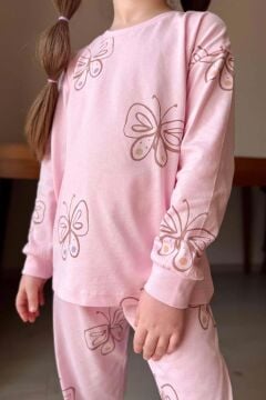 Kız Çocuk Bilekleri Manşetli Kelebek Desenli Pembe Pijama Takımı