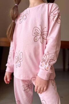 Kız Çocuk Bilekleri Manşetli Kelebek Desenli Pembe Pijama Takımı