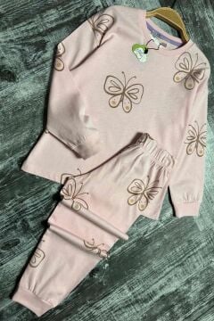 Kız Çocuk Bilekleri Manşetli Kelebek Desenli Pembe Pijama Takımı