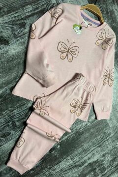 Kız Çocuk Bilekleri Manşetli Kelebek Desenli Pembe Pijama Takımı