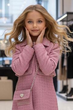 Kız Çocuk Yaka ve Kenarlar Boncuk ve Taş İşleme Ceket Etek Ucu Tüylü Kolsuz Pembe Şanel Elbise